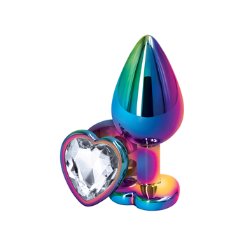 Regenboog buttplug met hartvormige siersteen - Medium (Multi color)